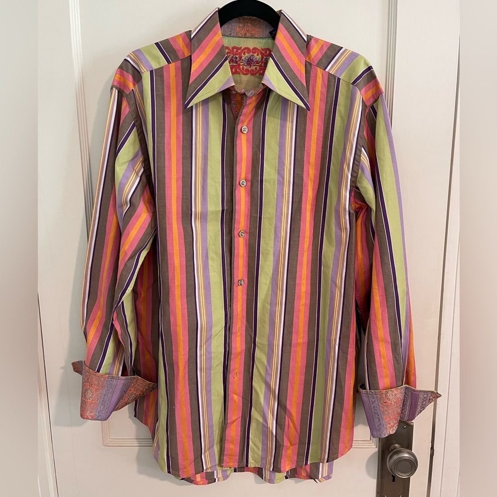 Robert Graham Tan/Orange/Lt Grn Striped Long Sleeve Button Down Shirt.